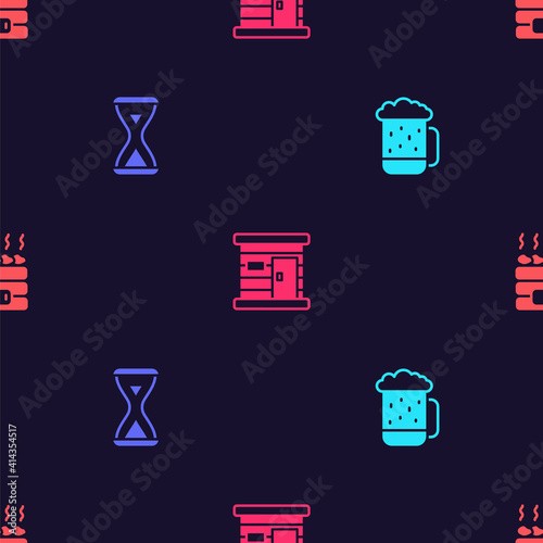 Set Wooden beer mug, Sauna hourglass, wooden bathhouse and Hot sauna stones on seamless pattern. Vector.