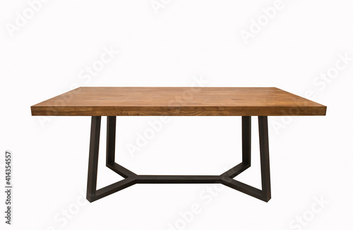 wooden lacquered table with black metal legs on white backgroun