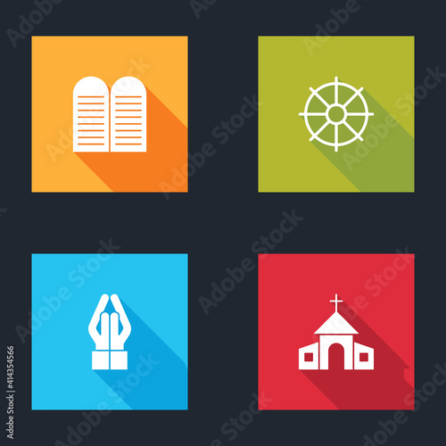 Set The commandments, Dharma wheel, Hands in praying position and Church building icon. Vector.