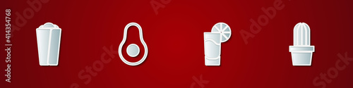 Set Burrito, Avocado fruit, Tequila glass with lemon and Cactus or succulent in pot icon. Vector.