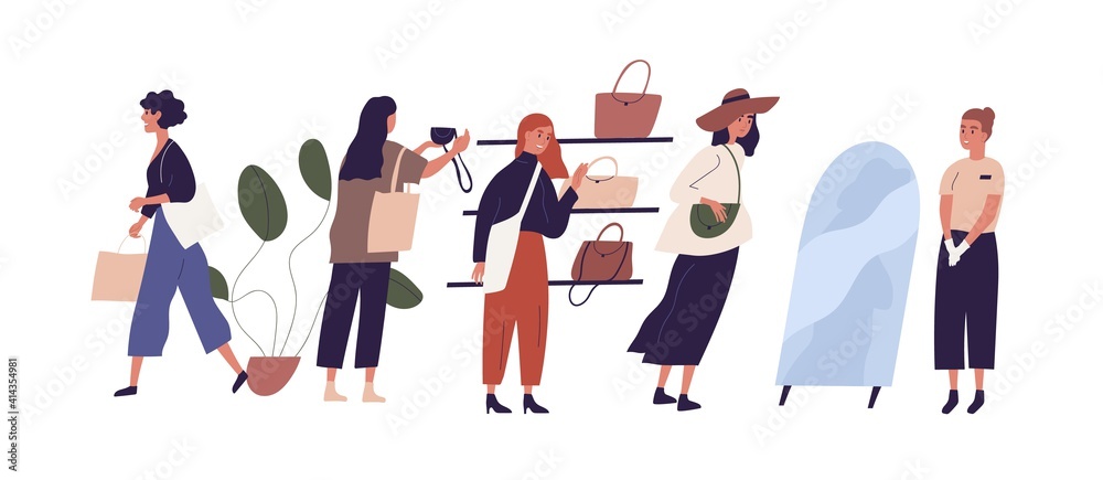 Women shopping in retail bag store choosing handbags with help of saleswoman or consultant. Colored flat vector illustration of buyers and seller in fashion showroom isolated on white background