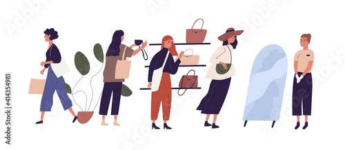 Women shopping in retail bag store choosing handbags with help of saleswoman or consultant. Colored flat vector illustration of buyers and seller in fashion showroom isolated on white background