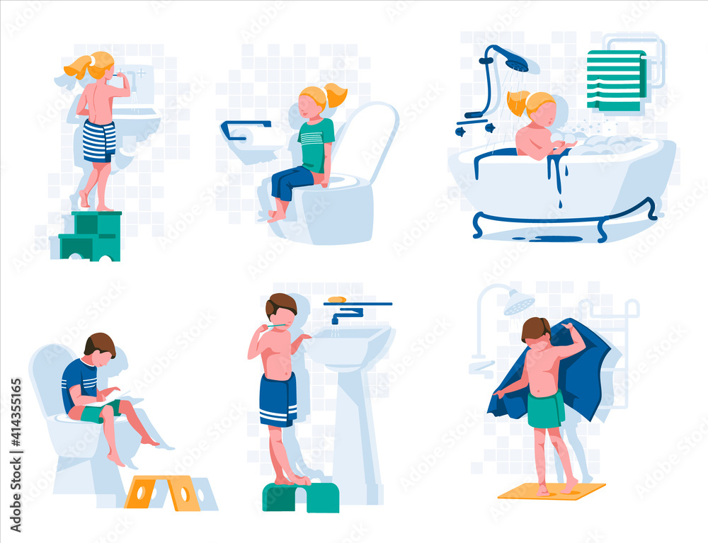 Children in bathroom set. Preteen boys and girls taking bath, brushing teeth, sitting on toilet. Hygiene and daily routine concept cartoon style vector illustration