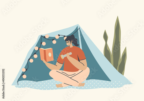 Woman Use Source of Light. Home Recreation, Leisure. Female Character Sitting under Blanket Tent Decorated with Garland