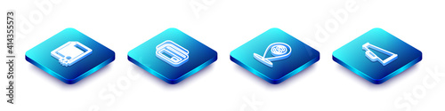 Set Isometric line Certificate template, Credit card, Cash location pin and Megaphone icon. Vector.