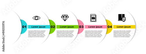 Set line Eye, Diamond, SD card and Server with shield. Business infographic template. Vector.