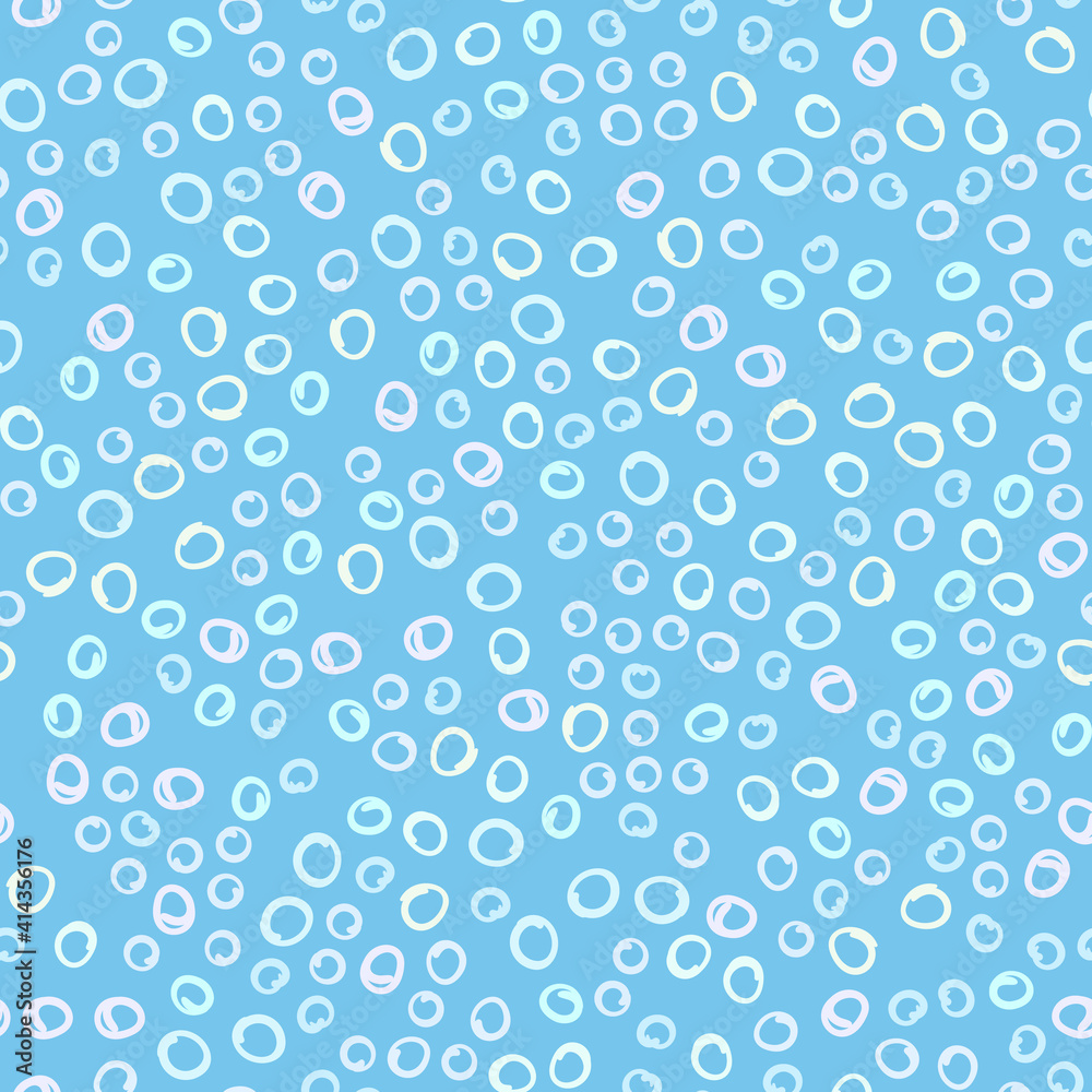 Blue circles seamless pattern, Abstract hand drawn circles repeated many times on square background, bubbles in water doodle, Vector fabric, textile, print design, web page background, wrapping paper