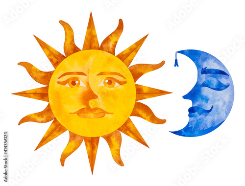 Sun with an open eyes and Moon with closed. Watercolor illustration with two design element. Isolated image on white background. photo