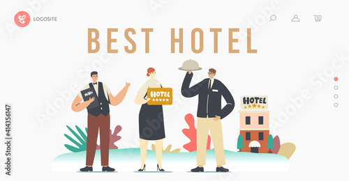 Five Stars Hotel, Hospitality Service Landing Page Template. Staff Receptionist, Waiter with Menu Meeting Tourists