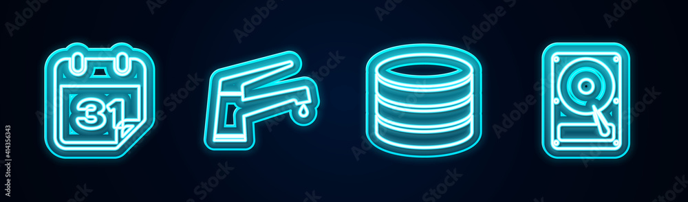 Set line Calendar, Water tap, Database and Hard disk drive HDD. Glowing neon icon. Vector. Set line Calendar, Water tap, Database and Hard disk drive HDD. Glowing neon icon. Vector.