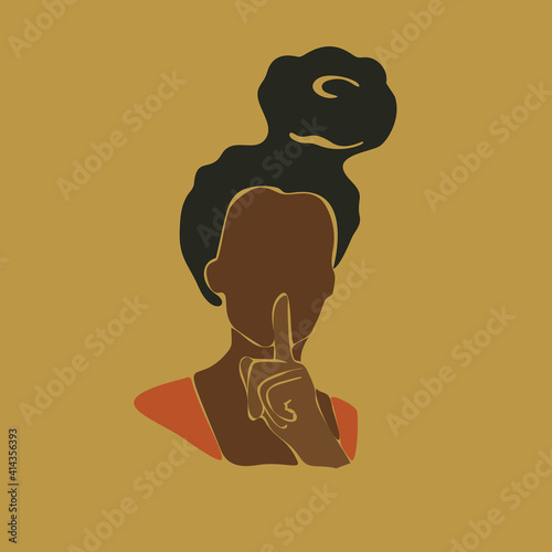 Abstract african woman portrait. Afro black skin girl saying shush be quiet with finger on lips gesture. Flat vector secret and silence girl, Vector illustration contemporary art