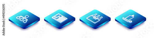 Set Isometric line Hierarchy organogram chart, Music book with note, Bottles of wine in box and Burning candle candlestick icon. Vector.