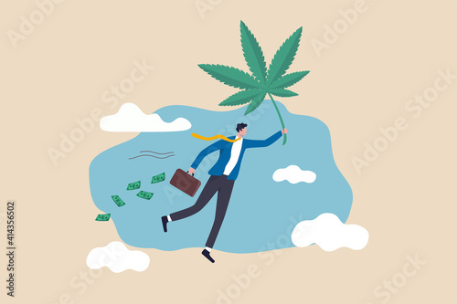 Make money and rich with marijuana CBD oil or cannabis business, invest and earn millions in cannabis stocks concept, rich man flying with cannabis leaf holding suitcase full of money banknotes.