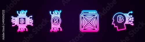 Set line CPU mining farm, Cryptocurrency bitcoin circuit, ASIC Miner and Bitcoin think. Glowing neon icon. Vector.