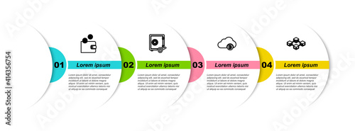 Set line Cryptocurrency wallet, Proof of stake, cloud mining and Blockchain technology. Business infographic template. Vector.