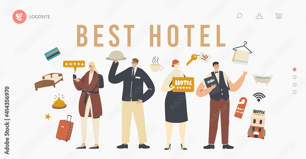 Best Hotel Five Stars Service Landing Page Template. Hospitality Staff Meeting Tourists in Top Quality Luxury Hotel
