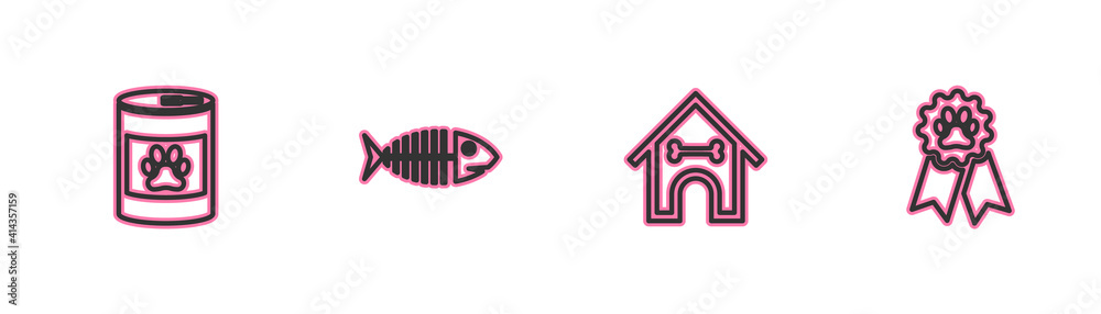 Set line Canned food, Dog house and bone, Fish skeleton and Pet award symbol icon. Vector. Set line Canned food, Dog house and bone, Fish skeleton and Pet award symbol icon. Vector.