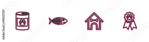 Set line Canned food, Dog house and bone, Fish skeleton and Pet award symbol icon. Vector.