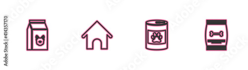 Set line Bag of food for dog, Canned, Dog house and pet icon. Vector.