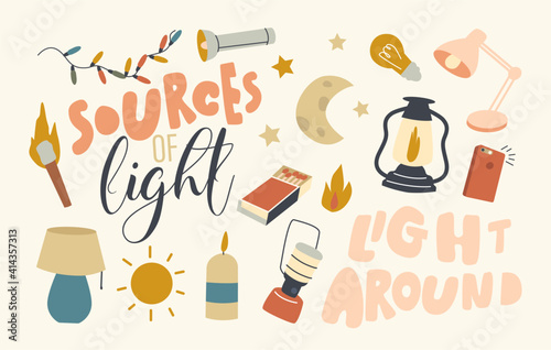 Set of Icons Sources of Light Theme. Sun Shining, Torch and Burning Candle, Table Lamp, Smartphone and Flashlight