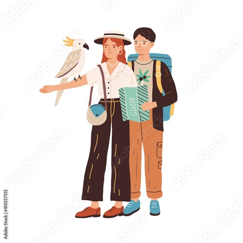 Young people watching cockatoo bird. Couple of tourists looking at parrot sitting on hand of woman. Man and woman exploring Australian fauna. Flat vector illustration isolated on white background