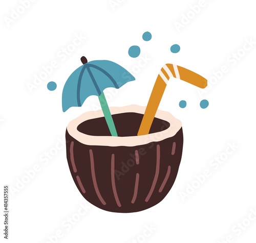Fresh tropical cocktail in coconut half. Refreshing beach drink decorated with umbrella and straw. Colored flat vector illustration isolated on white background
