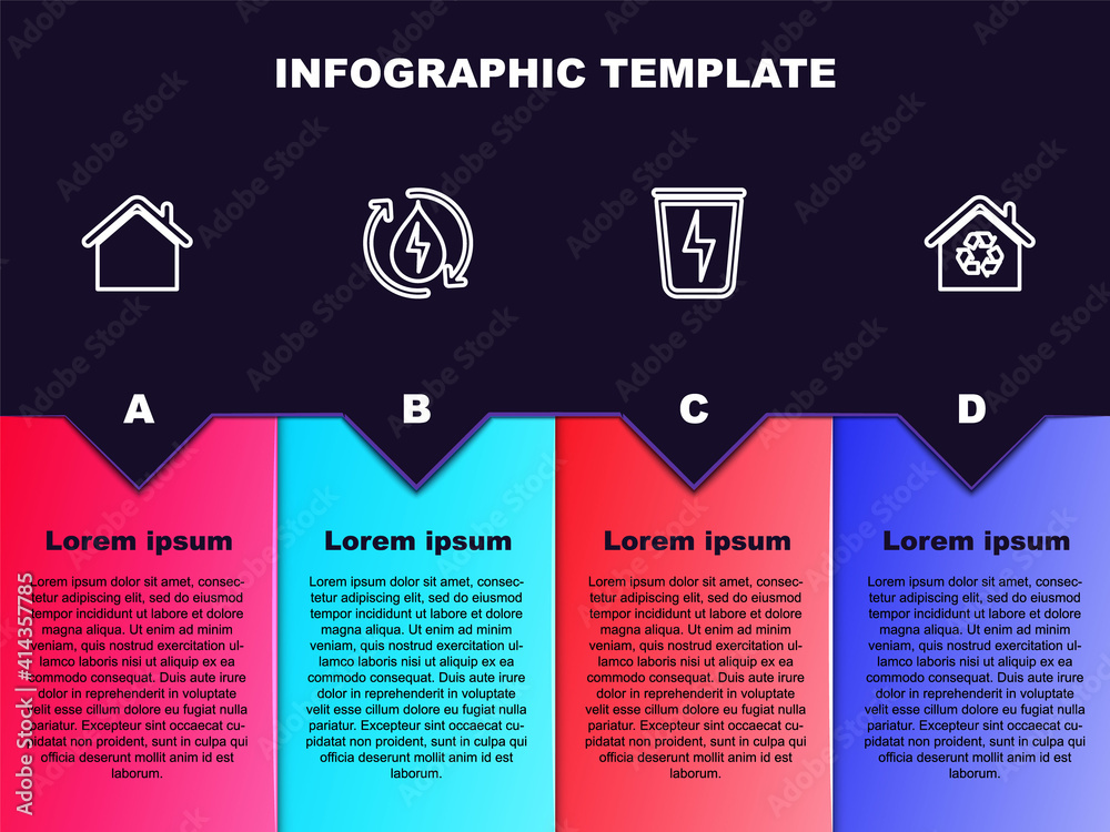 Set line House, Recycle clean aqua, Lightning with trash can and Eco recycling. Business infographic template. Vector. Set line House, Recycle clean aqua, Lightning with trash can and Eco recycling. Business infographic template. Vector.