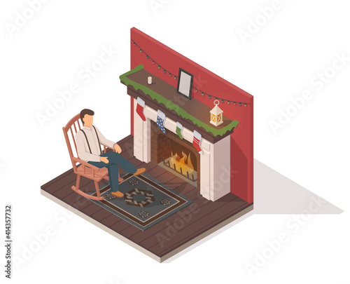 Vector isometric illustration of man in the rocking chair behind the fireplace. Vintage retro style. Isolated.