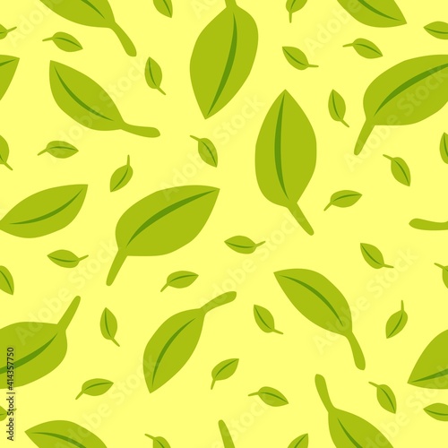 Seamless pattern with green leaves. Yellow background. Autumn, spring or summer. Nature and ecology. For packaging design and wrapping paper. For wallpaper, scrapbooking, textile and post cards