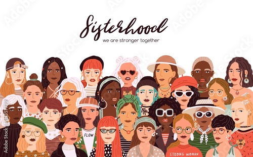 Sisterhood inscription on banner with diverse faces of female community. Multiracial crowd of trendy women isolated on white background. Girl power and feminism concept. Color flat vector illustration