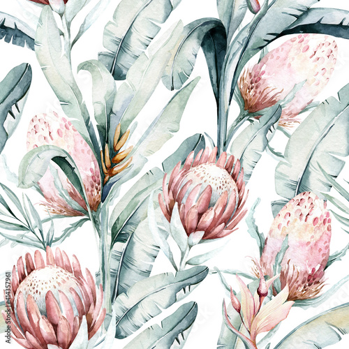 Fototapeta Naklejka Na Ścianę i Meble -  Protea seamless pattern flower. watercolor tropical leaves, hand painted illustration of exotic floral elements background, can be used for greeting cards and invitations