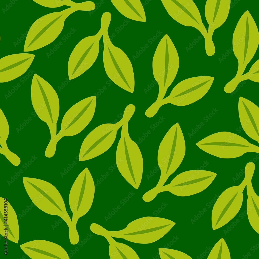Seamless pattern with green doudle leaves. Green background. Autumn, spring or summer. Nature and ecology. For packaging design and wrapping paper. For wallpaper, scrapbooking, textile and post cards