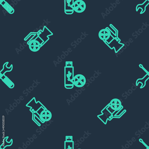 Set line USB flash drive service, Video camera and Crossed screwdriver and wrench on seamless pattern. Vector.