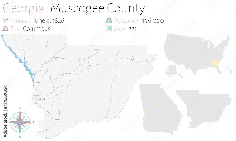 Large and detailed map of Muscogee county in Georgia, USA.