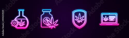 Set line Test tube with marijuana, Medical bottle, Shield and and Online buying. Glowing neon icon. Vector.