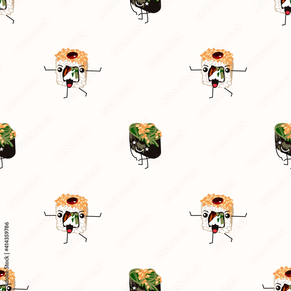 Fototapeta premium Funny sushi emojis seamless pattern. Traditional Asian seafood cute characters endless texture for background, wallpaper, packaging, textile design cartoon vector illustration
