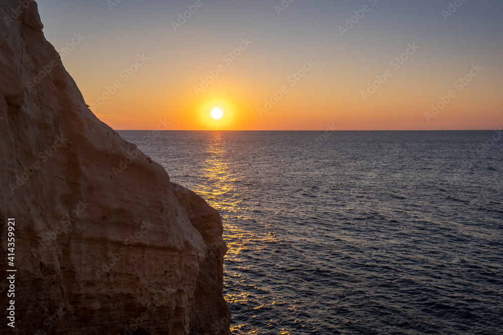 Amazing sunset at grottoes of Rosh Hanikra. Israel
