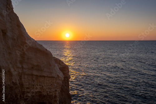 Amazing sunset at grottoes of Rosh Hanikra. Israel