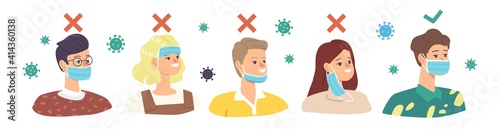 People Wearing Facemask Wrong and Correct Way. How to Wear Protective Facial Mask Infographics. Characters Protecting