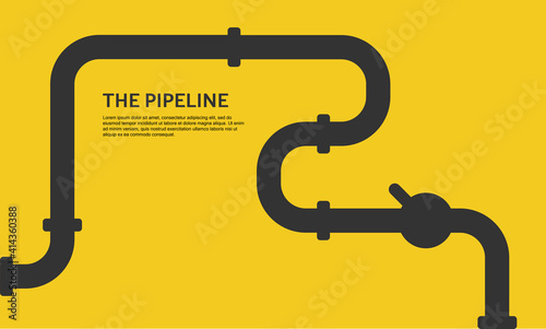 Industrial background with yellow pipeline. Oil, water or gas pipeline with fittings and valves.