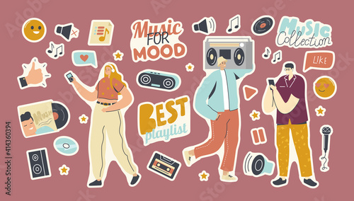 Set of Stickers Playlist for Music Collection Theme. People with Player, Thumb Up, Vinyl and Cd Disk, Dynamics or Player