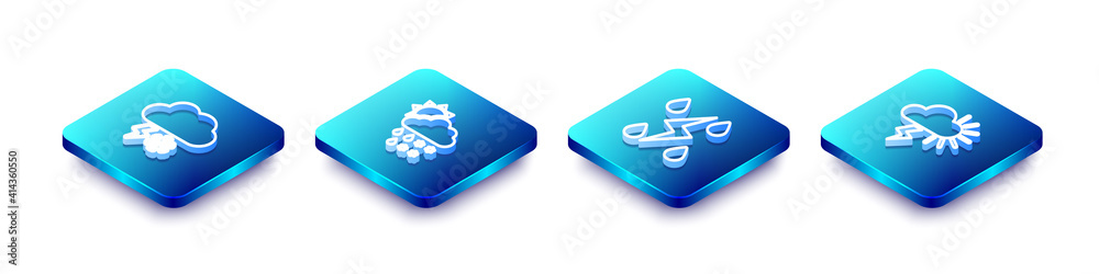 Set Isometric line Cloud with snow and lightning, snow, rain, sun, Storm and icon. Vector. Set Isometric line Cloud with snow and lightning, snow, rain, sun, Storm and icon. Vector.