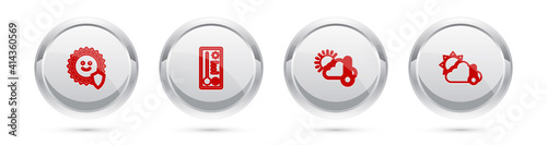 Set line UV protection, Meteorology thermometer, Thermometer and cloud, sun and . Silver circle button. Vector.
