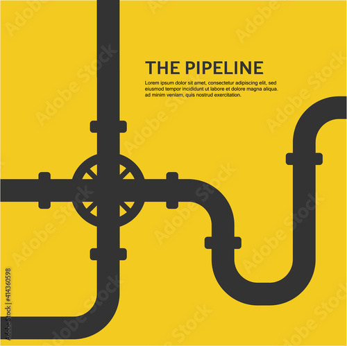  Industrial background with yellow pipeline. Oil, water or gas pipeline with fittings and valves. Vector illustration