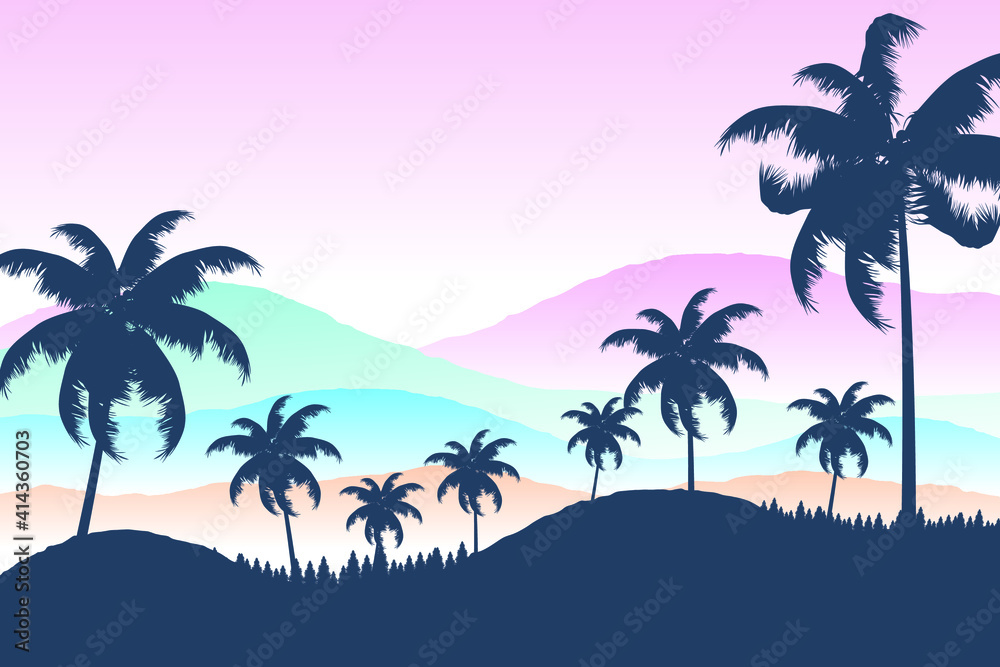 Beautiful silhouettes of palm trees and mountains