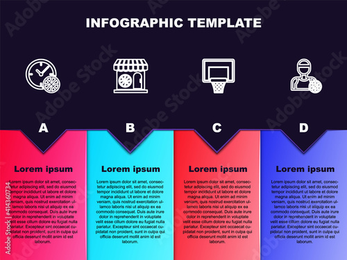 Set line Clock with basketball ball, Sports shop and, Basketball backboard and player. Business infographic template. Vector.