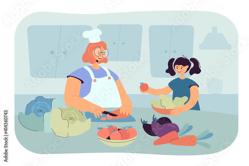 Happy mom and daughter kid cooking salad together in kitchen, cutting fresh vegetables for family lunch at home. Flat vector illustration healthy eating, organic food concept