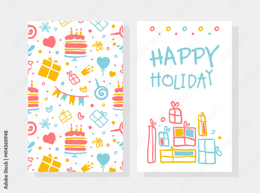 Fototapeta premium Happy Holiday Card Template, Birthday Party for Kids Decoration Banner, Poster, Festive Background, Invitation Cartoon Vector Illustration