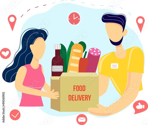 Food delivery service concept. 
Courier hands the ordered products to a woman, online order. Flat vector illustration