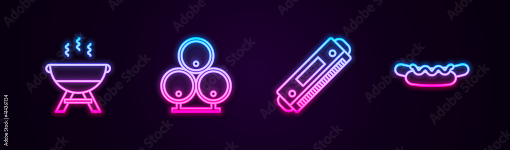 Set line Barbecue grill, Wooden barrels, Harmonica and Hotdog sandwich. Glowing neon icon. Vector. Set line Barbecue grill, Wooden barrels, Harmonica and Hotdog sandwich. Glowing neon icon. Vector.